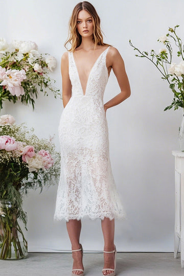 Simple White V-Neck Lace Graduation Dress